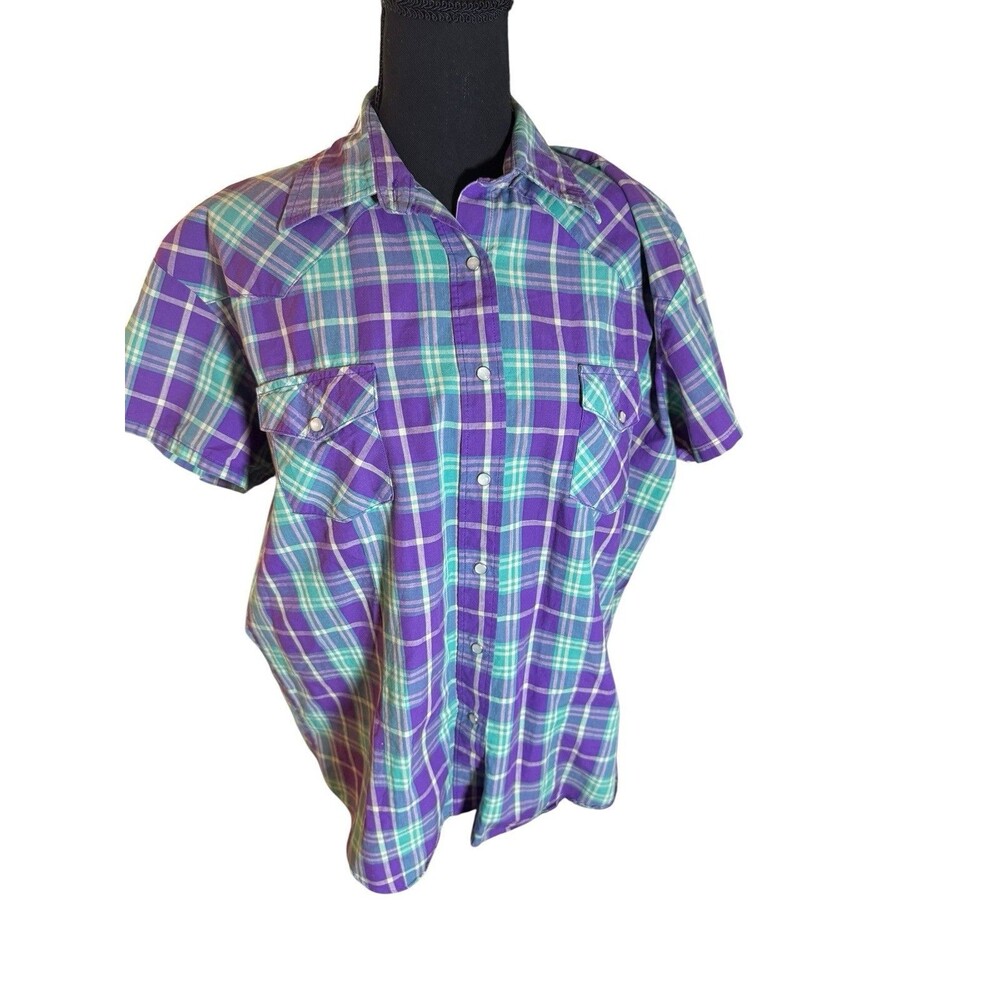 Vintage Circle R Classics Womens Top XLarge Pearl‎ Snap Blue Purple Made In USA